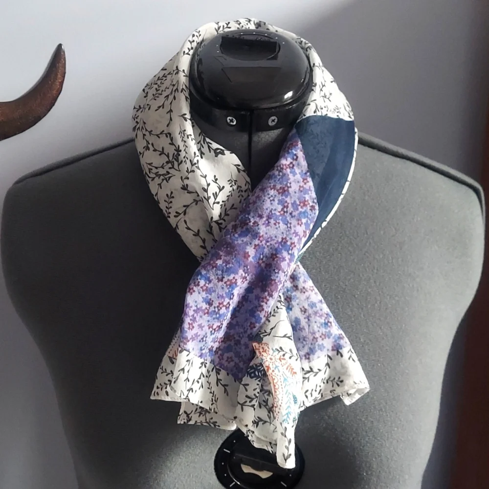 * Rebecca Minkoff Blue Multi-Pattern Lightweight Cotton Silk Square 30X30 Scarf